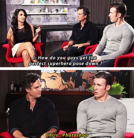 Ruffalo and Evans interview confessing superhero poses and Photoshop. 